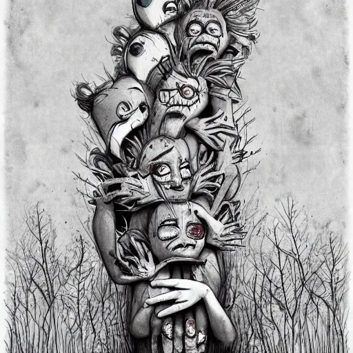 Image similar to surrealism grunge cartoon sketch of a human centipede with a wide smile holding flowers by - michael karcz, loony toons style, horror theme, detailed, elegant, intricate