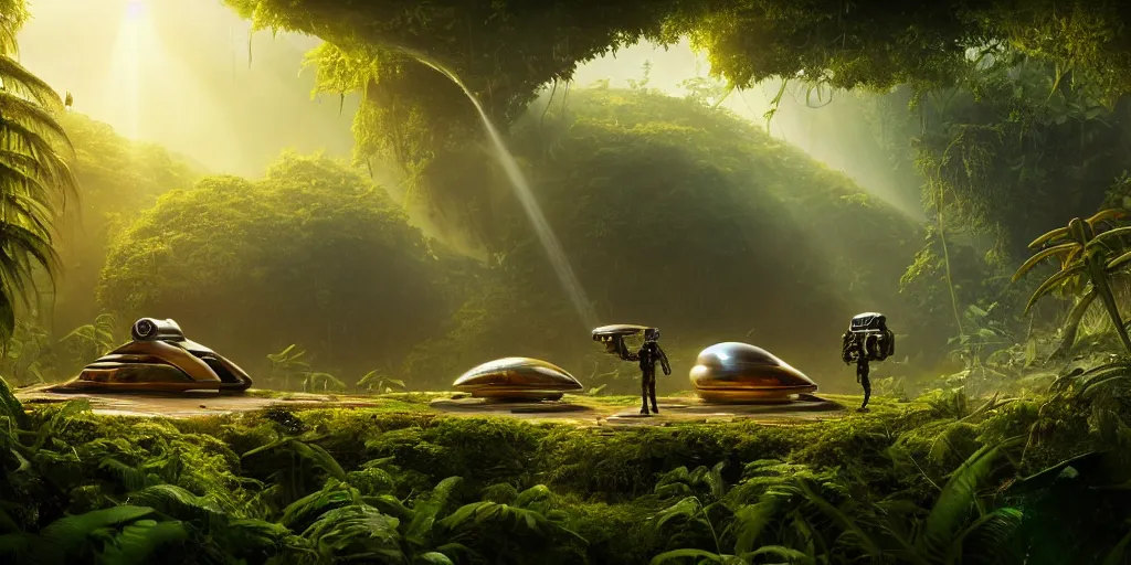 Prompt: a futuristic rusty old alien spaceship, next to it a smaller exploration ship on a landing pad, surrounded by a lush jungle, in the foreground two explorers are having a conversation and small animals are walking around, golden hour, sun beams, volumetric light, hyperdetailed, artstation, cgsociety, 8k