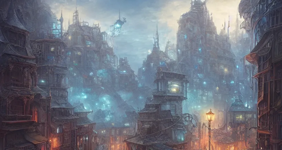 Prompt: landscape painting of fantasy metal steampunk city that has a light blue glow with walkways and lit windows with a hooded thief in leathers climbing a building using a rope, fine details, magali villeneuve, artgerm, rutkowski