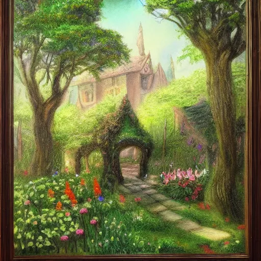 Image similar to garden in an elven village, fantasy, pastel