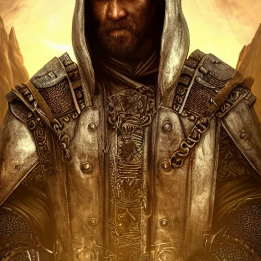 Prompt: unknown the elder scrolls vi hammerfall, battle hardened imposing male redguard character portrait partially clothed in hooded metal - plated exquisitely detailed hooded battle armour, desert, tropical jungle setting, atmospheric lighting, painted, intricate, volumetric lighting, beautiful, rich deep colours masterpiece, sharp focus, ultra detailed