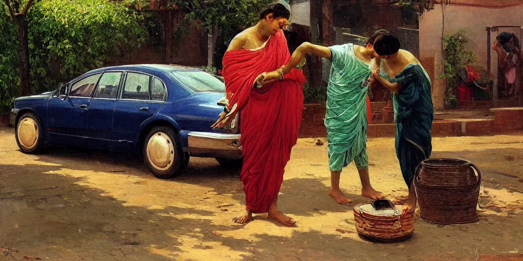 Prompt: man washing his car in the style of raja ravi verma, ultra detailed, high detail, impressionism,