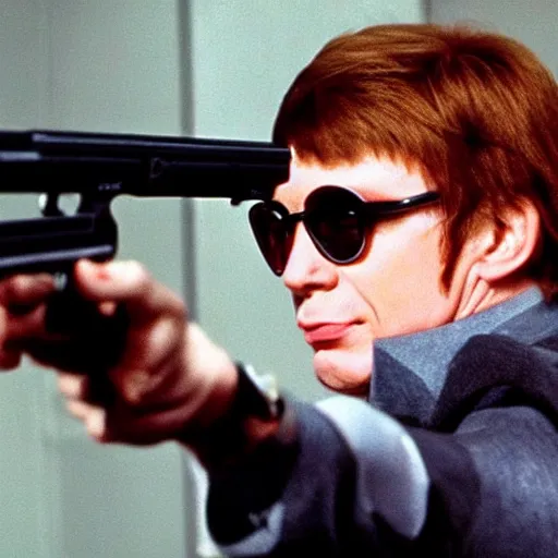 Prompt: austin powers shooting an ak - 4 7, photography, movie,