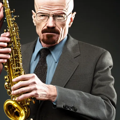 Image similar to walter white playing the saxophone, very detailed, very intricate, 8 k, dslr,