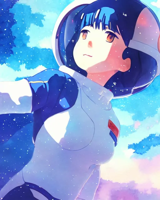 Image similar to oriental water color of a cute thicc astronaut woman, floating through space, backlit, by makoto shinkai and krenz cushart