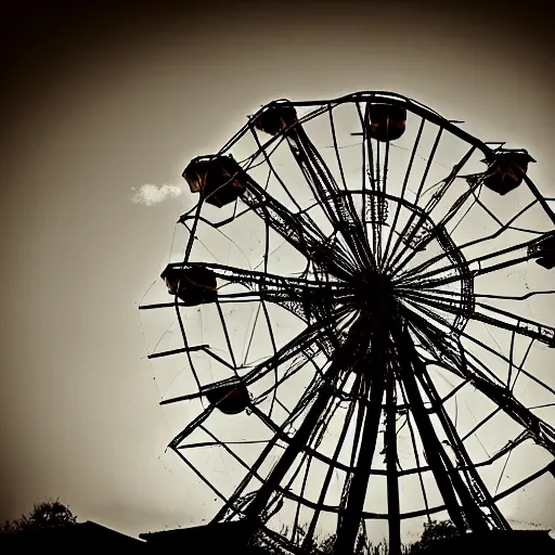 Prompt: an old abandoned rusty ferris wheel, in a town filled with pale yellow mist. Dystopian. Grainy. Award-winning photo. Sigma 40mm f/1.4 DG HSM