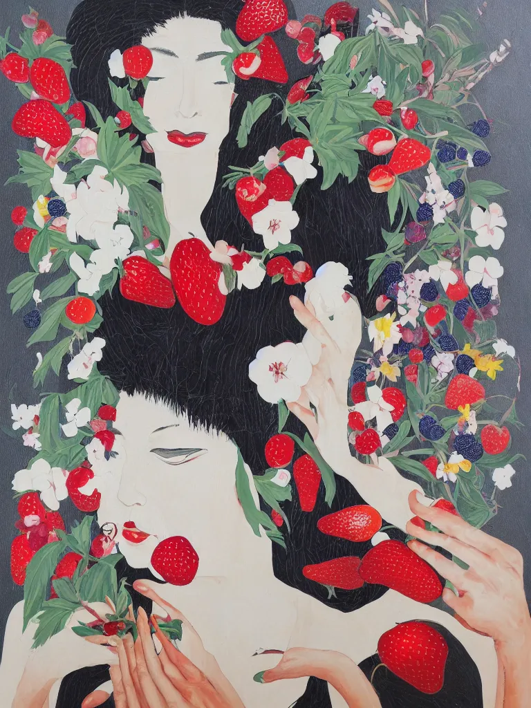 Prompt: “art in an Australian artist’s apartment, portrait of a woman wearing white cotton cloth, eating luscious fresh raspberries and strawberries and blueberries, Australian Aboriginal and Japanese stylistic influences, white wax, edible flowers, Japanese pottery, ikebana, black walls, acrylic and spray paint and oilstick on canvas”