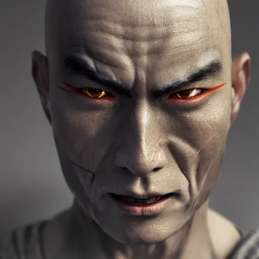 Prompt: centered detailed portrait of a scary samurai, realistic character concept, identical eyes, gazing eyes, elegant pose, fantasy, illustration, slender symmetrical face and body, artstation, cinematic lighting, hyperdetailed, cgsociety, 8 k, tom richmond, single face, octane render, golden ratio, vfx, postprocessing, alluring