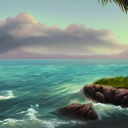 Image similar to An ocean scene with a small island in the distance, realistic, digitally painted, no blur, award winning, concept art, by Alayna Danner