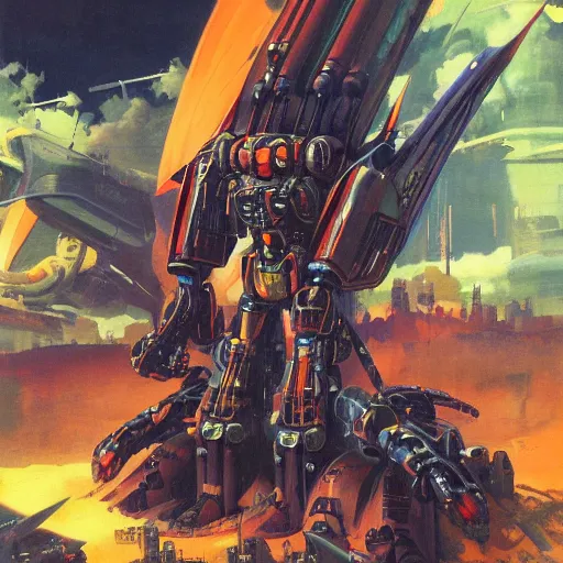 Image similar to a dark and colorful close - up of sci - fi mecha demons. highly detailed science fiction painting by norman rockwell, frank frazetta, and syd mead. rich colors, high contrast, gloomy atmosphere, dark background. trending on artstation