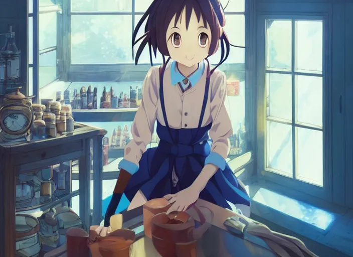 Prompt: anime visual, portrait of a young female traveler in a alchemist's shop interior, cute face by yoh yoshinari, katsura masakazu, studio lighting, dynamic pose, dynamic perspective, strong silhouette, anime cels, ilya kuvshinov, cel shaded, crisp and sharp, rounded eyes, moody, blue colors!!!!!!