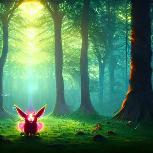 Prompt: beautiful digital fantasy illustration of a hyperrealistic demonic pokemon, nightmare pokemon, the trees of a flowery woodlands glistens as the morning sun touches its leaves with her gentle rays, and colors walk through the forest by alena aenami and arthur adams, octane render, detail texture, unreal engine, 8 k