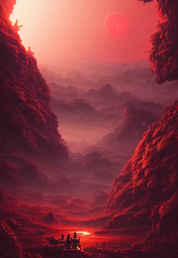 Image similar to ultra realist intricate detailed landscape painting of an alien world, red sky with mech buildings and cyborg tech, symmetry accurate features, very intricate details, bokeh focus, 8k render, artstyle Hiraku Tanaka and Tom Bagshaw, award winning
