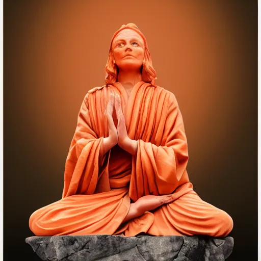 Image similar to stone statue meditation in flowing orange robes energy spiraling upwards into the void trending on artstation