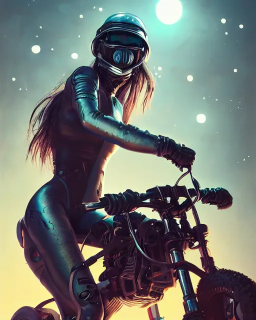 Image similar to girl wearing cyberpunk intricate catsuit riding dirt bike, respirator, detailed portrait, cell shaded, 4 k, concept art, by wlop, ilya kuvshinov, artgerm, krenz cushart, greg rutkowski, pixiv. cinematic dramatic atmosphere, sharp focus, volumetric lighting, cinematic lighting, studio quality