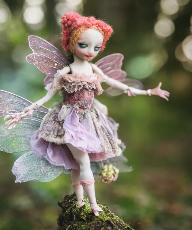 Image similar to high quality presentation photo of a detailed fairy doll in the style of Nicoletta Ceccoli photography 4k f1.8 anamorphic bokeh 4k Canon Nikon