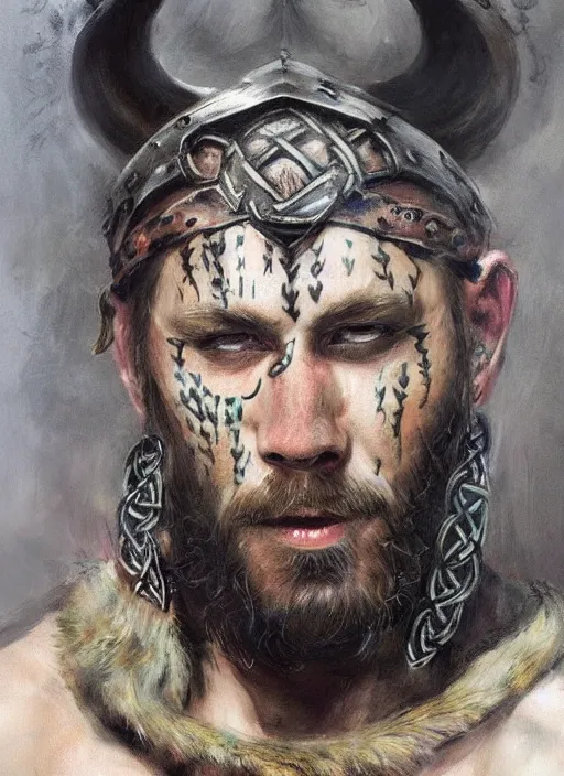 Image similar to portrait painting of viking berserker with celtic face tattoos wearing a dinosaur headdress, by jeremy mann, only one head single portrait