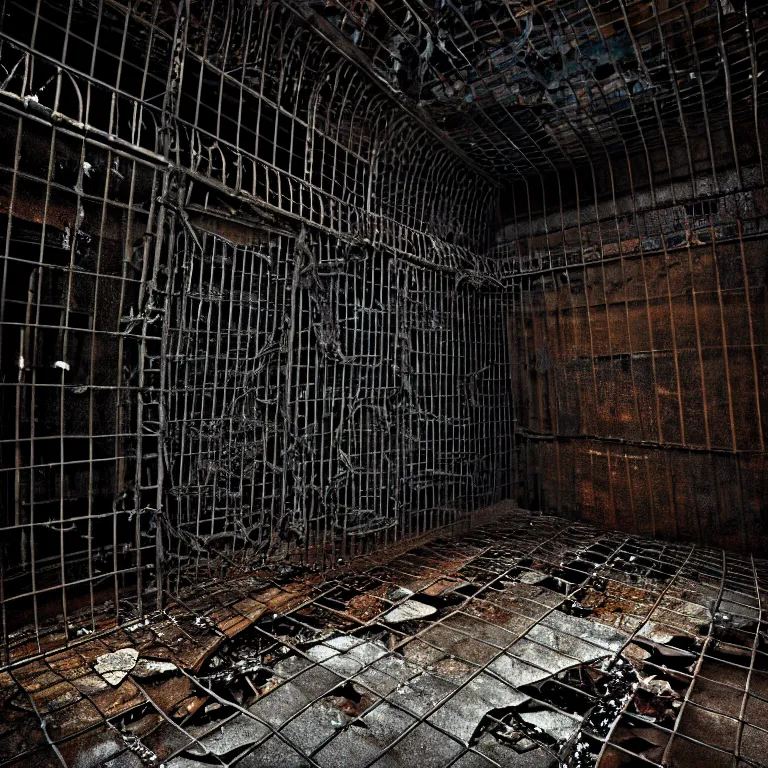 Image similar to An underground very dark gloomy multi-layered structure of rusty thick iron grates, dense chain-link fencing and peeling walls. Ugly human with long limbs sits on the floor. Inside view, collapsed floors, bent rusted iron, masterpiece, black background, corners, cinematic, hyperdetailed, photorealistic, hyperrealism, octane render, 8k, depth of field, bokeh, architecture, shadows, art by Zdzisław Beksiński, Arthur Rackham, Dariusz Zawadzki