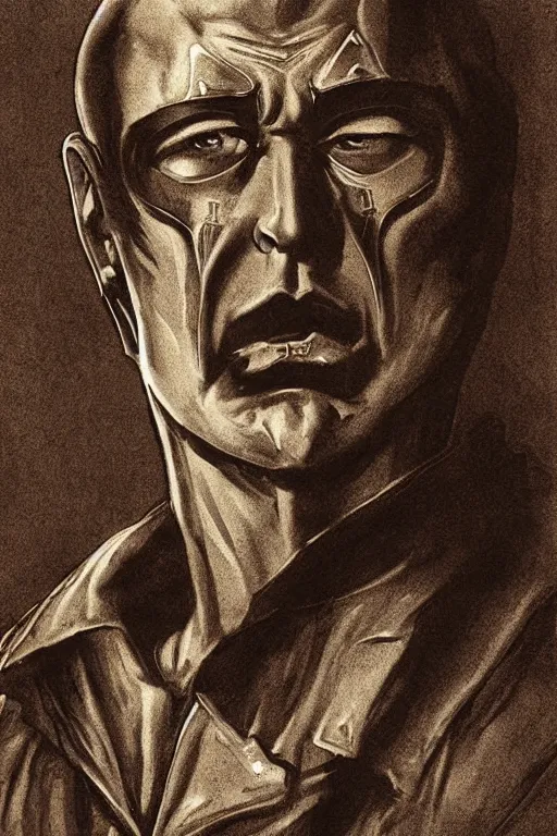 Image similar to destro from g. i. joe, portrait, full body, symmetrical features, silver iodide, 1 8 8 0 photograph, sepia tone, aged paper, sergio leone, master prime lenses, cinematic