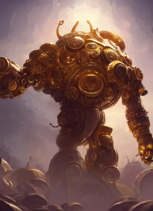 Image similar to a highly detailed illustration of gentle colossal golden mechanical giant, with cute doting eyes, intricate, elegant, highly detailed, centered, digital painting, artstation, concept art, smooth, sharp focus, league of legends concept art, wlop.