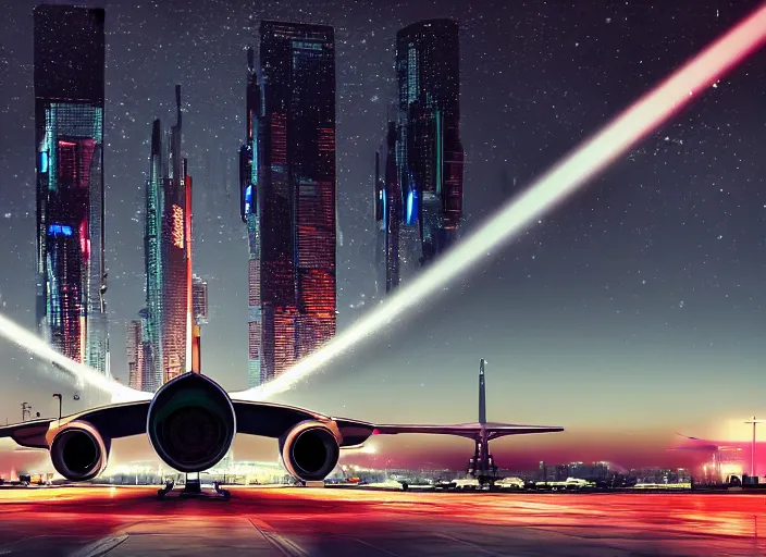 Prompt: immense futuristic jet plane arrives at runway of cyberpunk airport at night ,cinematic lighting