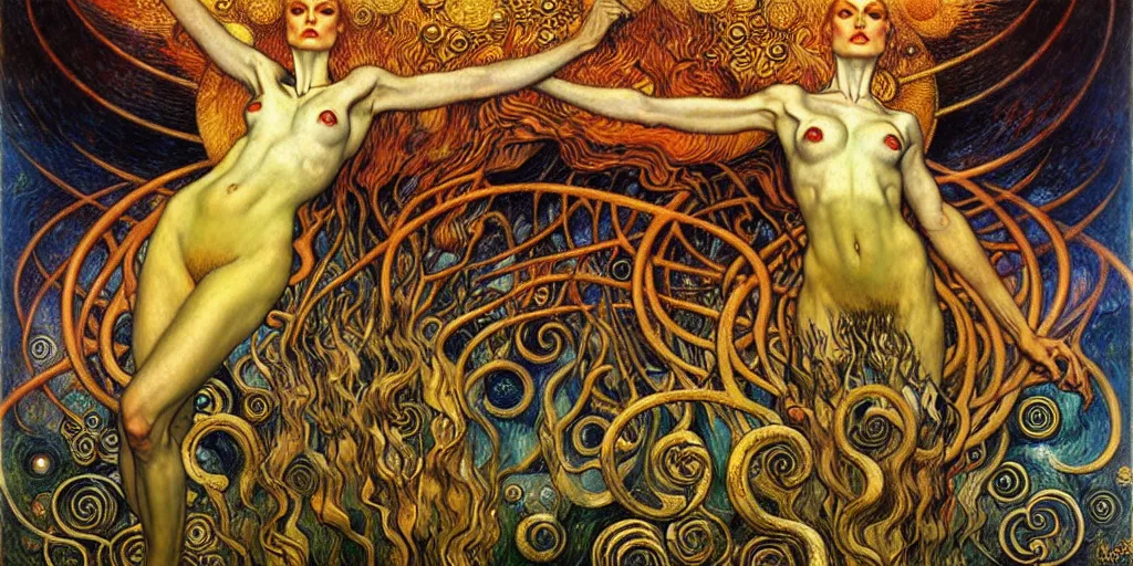 Image similar to Divine Chaos Engine by Karol Bak, Jean Delville, William Blake, Gustav Klimt, and Vincent Van Gogh, symbolist, visionary