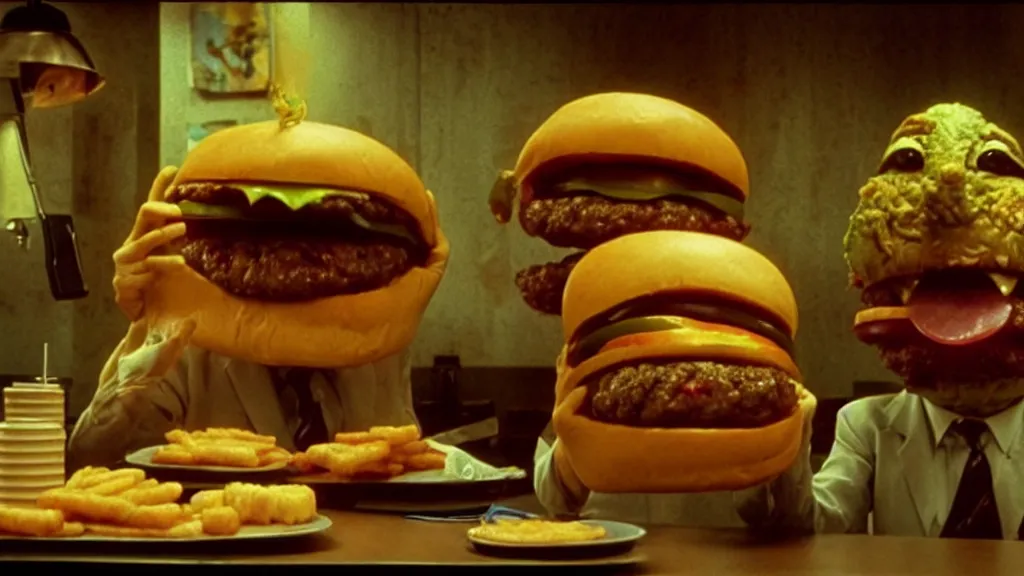 Prompt: the strange cheeseburger creature loves everybody at the fast food place, film still from the movie directed by denis villeneuve and david cronenberg with art direction by salvador dali and zdzisław beksinski, wide lens