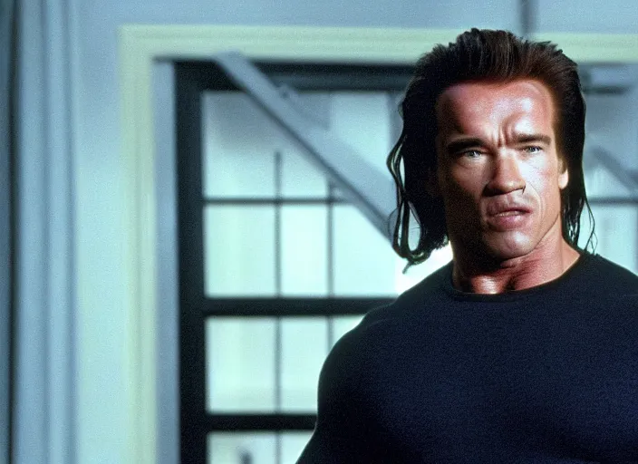 Image similar to arnold schwarzenegger in a still from the movie The Room (2003)