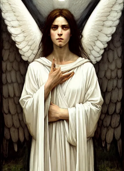 Image similar to portrait of angel in white robes. realistic shaded lighting poster by greg rutkowski, john william waterhouse, trending on art statio. highly detailed, symmetrical face.