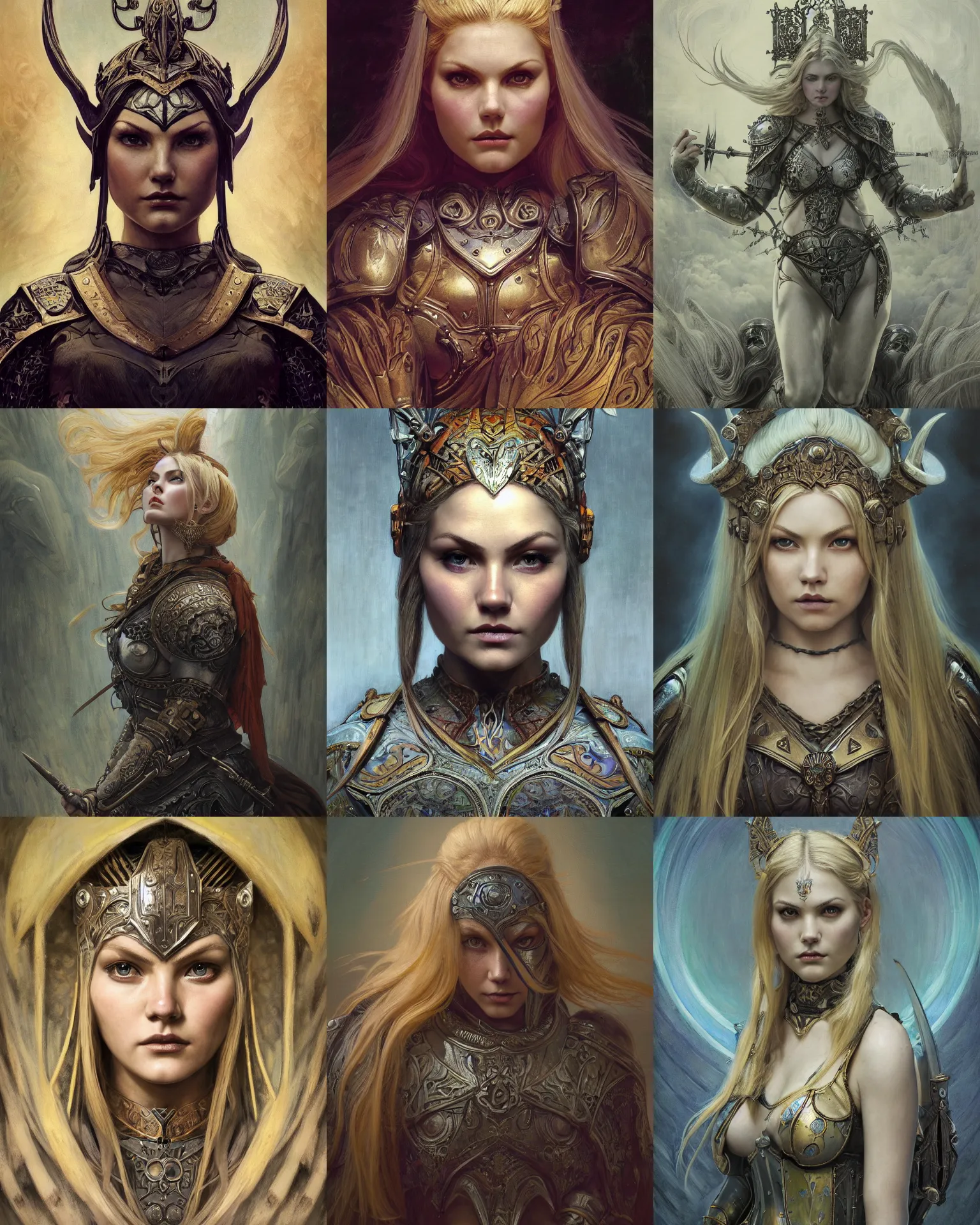 Prompt: masterpiece head-on symmetrical centered portrait, Elisha Cuthbert as a Warcraft warrior, medieval era, blonde hair, full steel armour, art nouveau, gothic, elegant, distant, in the style of Edgar Maxence and Ross Tran and Zdzisław Beksiński and Michael Whelan and Mucha and Gustave Doré, specular highlights, 8k, octane render