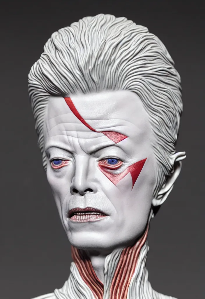 Image similar to David Bowie , A Close up photo-real delicate ceramic porcelain sculpture of a symmetrical ornate detailed in front of an intricate background by Victo Ngai and takato yamamoto, micro detail, backlit lighting, face in focus, subsurface scattering, translucent, thin porcelain, octane renderer, colorful, physically based rendering, japanese pottery, trending on cgsociety