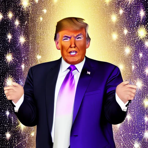 Image similar to Donald Trump with silver-violet hair, white eyes and golden glittery dress, wide lens, diorama, 4k,