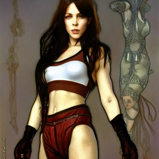 Image similar to Portrait of Tifa Lockheart with long dark brown hair and a white short top and black suspenders and kickboxing gloves drawn by Donato Giancola and Tom Bagshaw, face by Artgerm, overall design by Alphonse Mucha, background by James Jean and Gustav Klimt, light by Julie Bell, 4k, porcelain skin, komorebi, french nouveau, trending on artstation, octane render, hyperrealistic