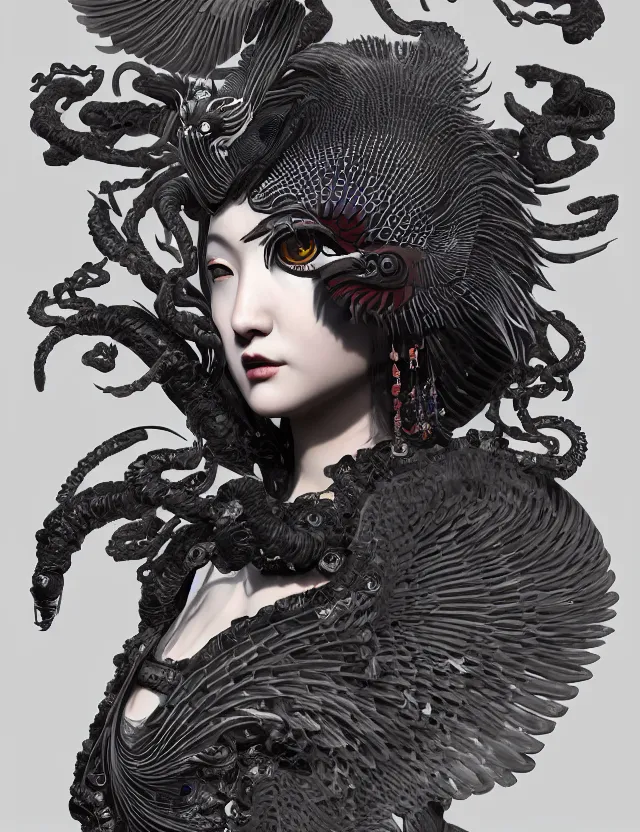 Image similar to 3 d goddess of death close - up profile portrait with ram skull. beautiful intricately detailed japanese crow kitsune mask and clasical japanese kimono. betta fish, jellyfish phoenix, bio luminescent, plasma, ice, water, wind, creature, artwork by tooth wu and wlop and beeple and greg rutkowski