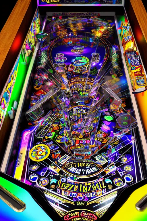 Image similar to a detailed pinball table layout overhead view, game art, realistic digital art, fluorescent colors, halluzinogenic, multicolored, exaggerated detailed, unreal engine