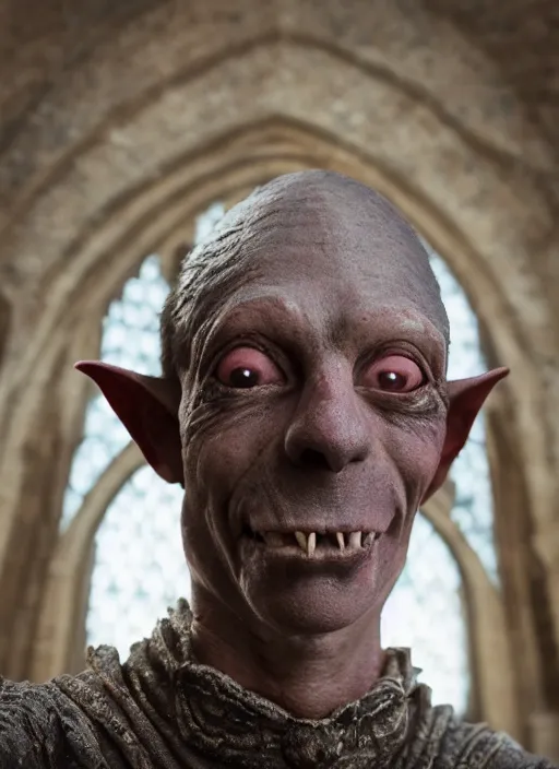 Image similar to closeup portrait of a medieval goblin in the cloisters, selfie style, depth of field, zeiss lens, detailed, symmetrical, centered, fashion photoshoot, by annie leibovitz and steve mccurry, david lazar, jimmy nelsson, breathtaking, 8 k resolution, extremely detailed, beautiful, establishing shot, artistic, hyperrealistic, beautiful face, octane render