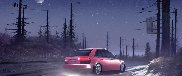 Image similar to Audi A4 B6 Avant (2002), a gritty neo-noir, dramatic bright lighting, cinematic, establishing shot, extremely high detail, photorealistic, cinematic lighting, artstation, by simon stalenhag, Snowy mountain road, At night