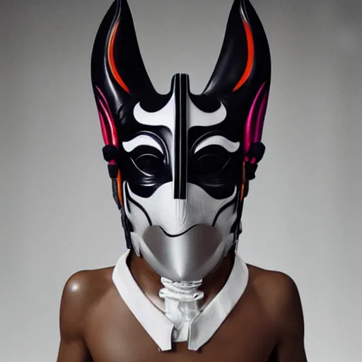 Image similar to an slim athletic beautiful male alien with ombre colored skin wearing a futuristic kitsune mask, photographed by erwin olaf for a fine art gallery