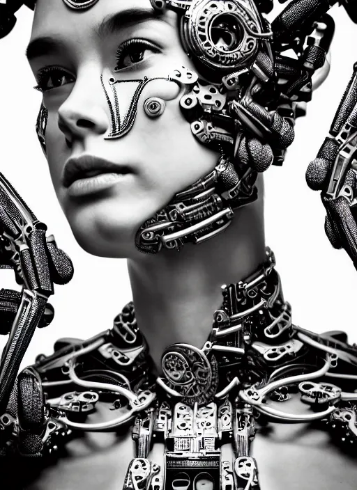 Image similar to a stunning young female cyborg profile face, face is made intricate tribal bio - mechanical, editorial photography, bw, shot on 7 0 mm, depth of field, f / 2. 8, high contrast, 1 6 k, rays of shimmering light, volumetric lighting, shiny, insanely detailed and intricate, hypermaximalist, elegant, ornate, hyper realistic, super detailed