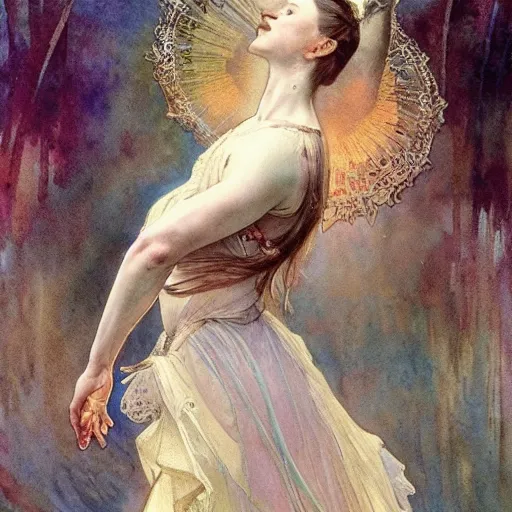 Prompt: a beautifull intricate watercolour painting of a dancing ballerina, reflexions, verry high details by william turner art, greg rutkowski and alphonse mucha, trending on artstation, very very detailed, masterpiece, muted colors