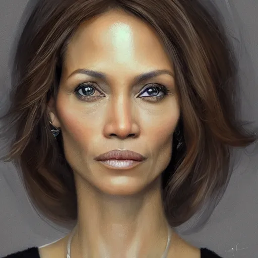 Image similar to portrait of maci holloway, first woman elected as president in usa, cold but beautiful, about 3 5 years old, highly detailed, mix of halle berry and julia roberts, gong li, olga kurylenko, artstation hd, deviantart, by artgem, greg rutkowski