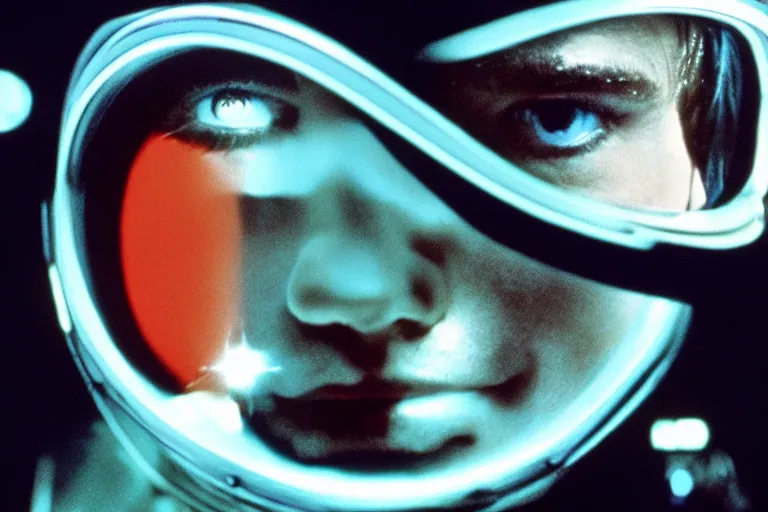 Prompt: scene from Stanley Kubrick\'s 2001: A Space Odyssey, ziggy stardust sees stars in his eyes, amazing cinematography