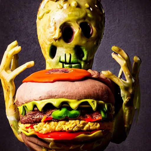 Image similar to a humanoid bipedal upright zombie that strongly resembles a hamburger, professional food photography