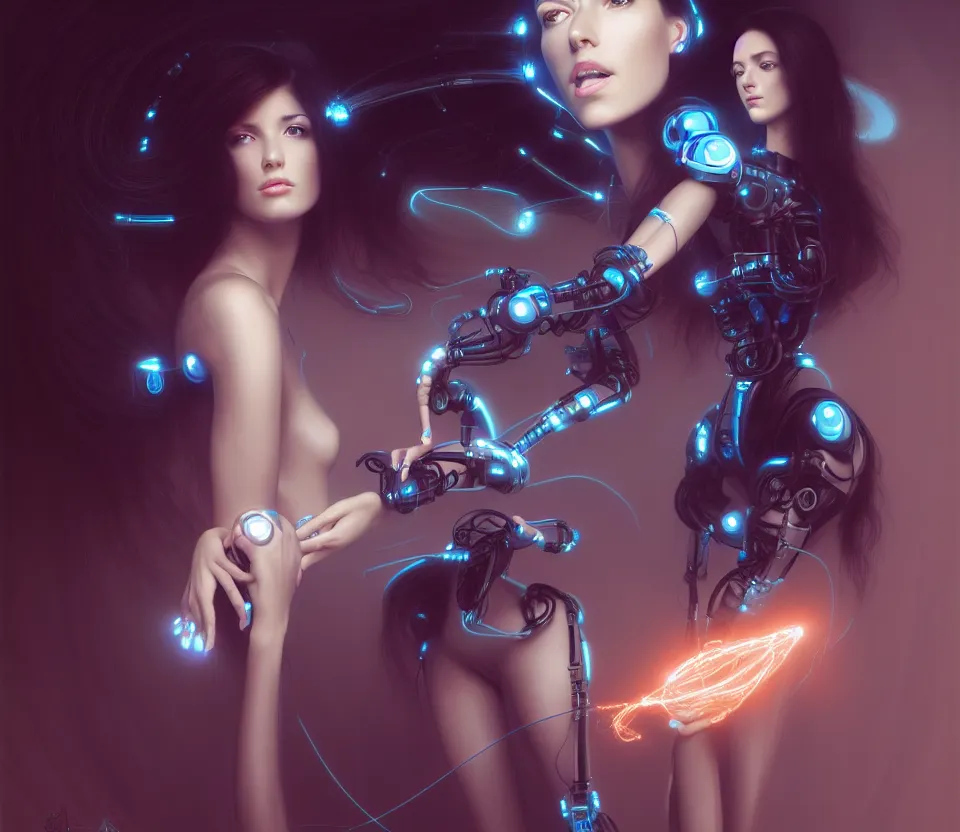 Image similar to beauty young spanish woman with long black hair robotic arms, interacting withholograms of alien artifacts, electrical case display, Terminator tech, ultrarealistic, dramatic lighting, electrical details, high details, 4k, 8k, best, accurate, trending on artstation, artstation, photorealism, ultrarealistic, digital painting, style of Peter Mohrbacher, Caravaggio, Hajime Sorayama and Boris Vallejo