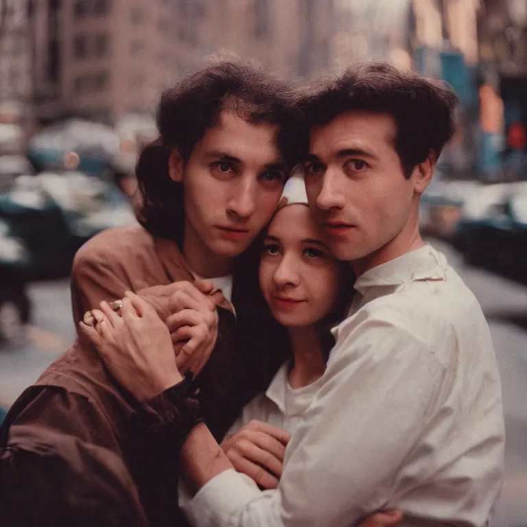 Prompt: medium format film close up portrait of a couple in new york by street photographer, 1 9 6 0 s hasselblad film photography, featured on unsplash, soft light photographed on colour vintage film