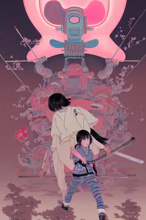 Prompt: Artwork by James Jean, Phil noto and hiyao Miyazaki ; (1) a young Japanese future samurai police lady named Yoshimi battles an (1) enormous evil natured carnivorous pink robot on the streets of Tokyo; Japanese shops and neon signage; crowds of people running; Art work by hiyao Miyazaki, Phil noto and James Jean