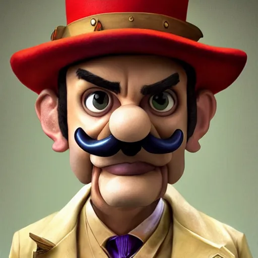 Image similar to beautifully rendered, masterpiece, caricature, claymation, luis guzman as waluigi, painted by tom lovell, wlop, artgerm, dishonored 2,