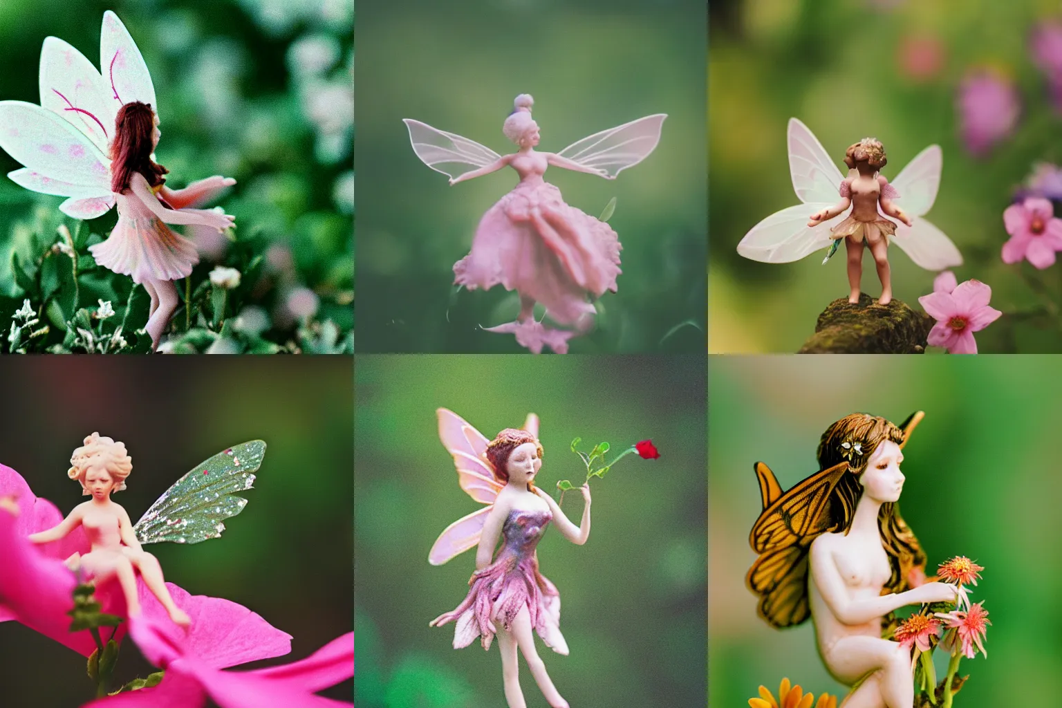 Prompt: 100mm macro photo of a fairy on a flower shot on 35mm film