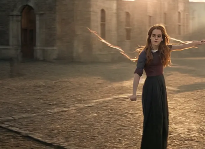 Prompt: film still. screenshot. emma watson as hermione granger. pointing her wand. action scene. slight motion blur. during golden hour. cinematic lighting. directed by christopher nolan and denis villeneuve. extremely detailed. 4 k.