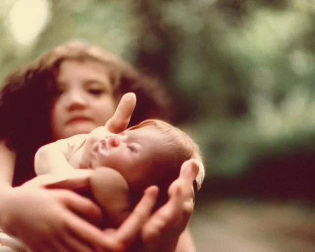 Prompt: a lomographic photo of young women holding her child on hands, year 1 9 7 0, cinestill, bokeh